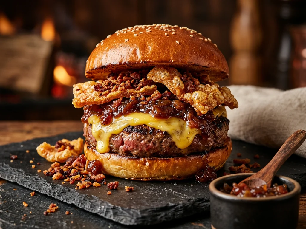EMMY BURGER: pan brioche negro, 200 g de Angus, queso provolone, mermelada de bacon, cebolla…