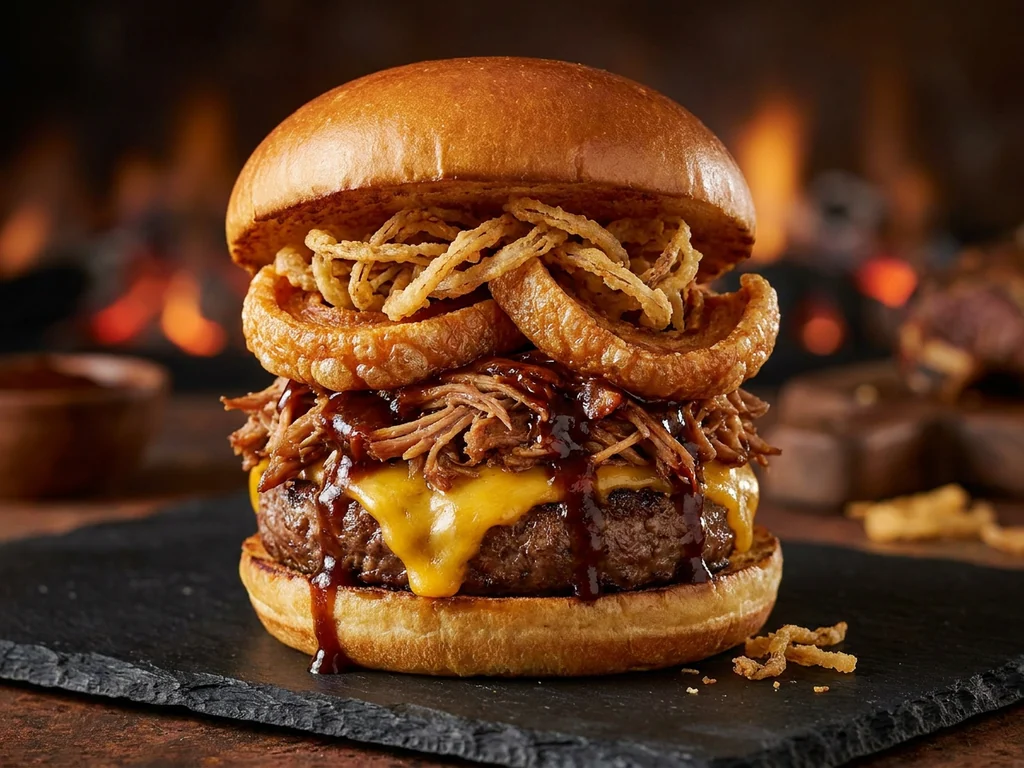 The Real Texas Burger: pan brioche, 200 g de Angus, pulled pork, bacon, cheddar, cebolla crunchy…